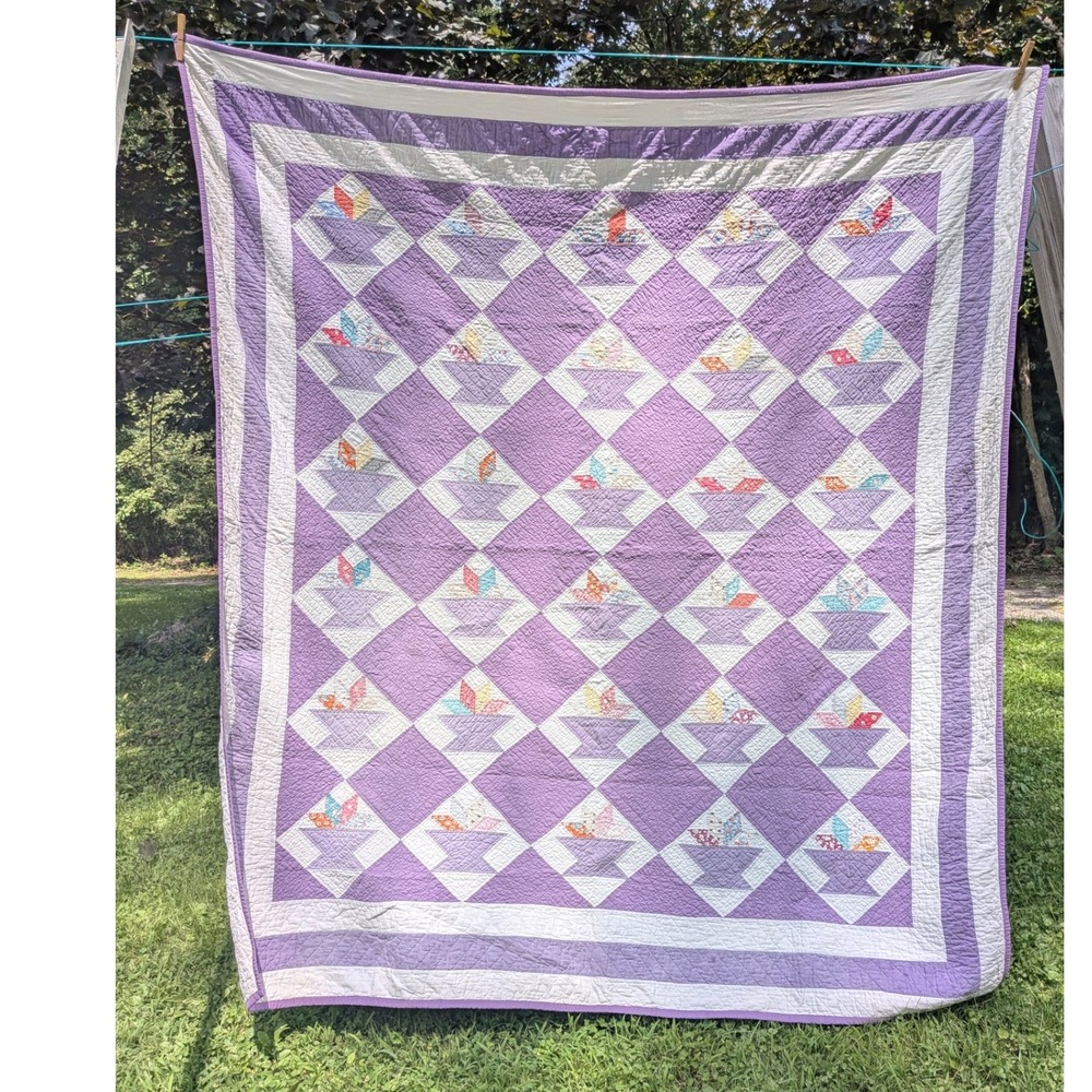 Handmade Basket Quilt Vintage Cottagecore Farmhouse Heirloom Patchwork 71 x 76"